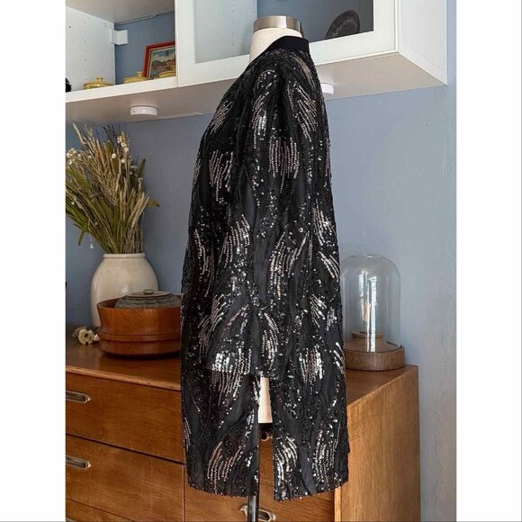 Misook Sequin Mesh Duster Jacket Black Gold Size PXL - Picture 3 of 12